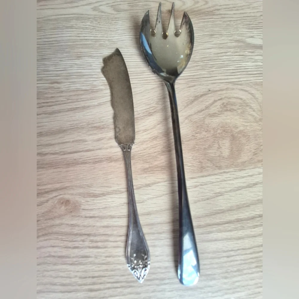 Vintage Silverplate Serving Salad Fork&Antique 1911 Silver Rose Butter Knife
